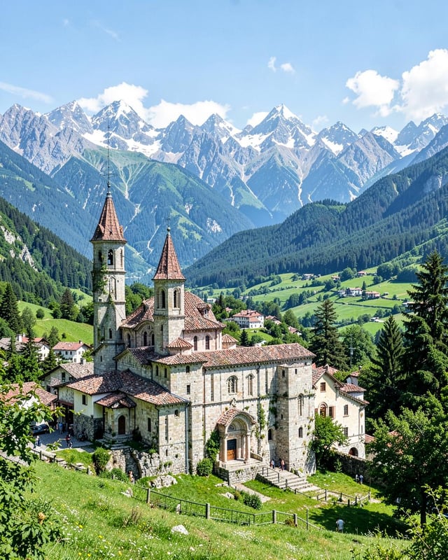 Historic church beneath the dramatic Caucasus Mountains in Georgia