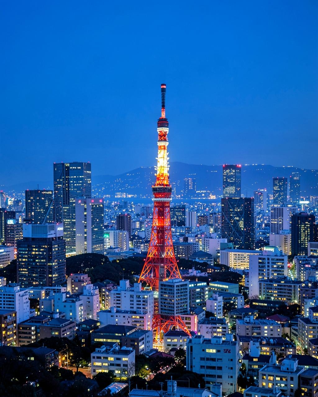 Tokyo skyline at blue hour with Tokyo Tower illuminated above the city
