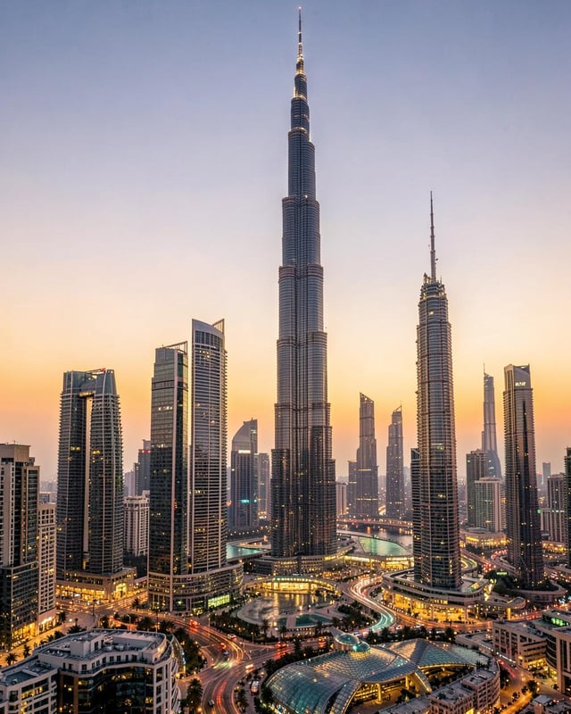 Burj Khalifa and the Downtown Dubai skyline at golden hour